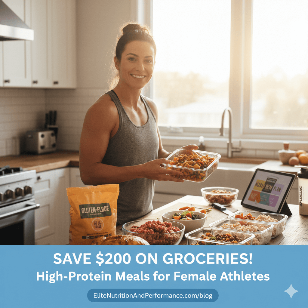 Infographic for female athletes on how to save $200 on high-protein groceries.